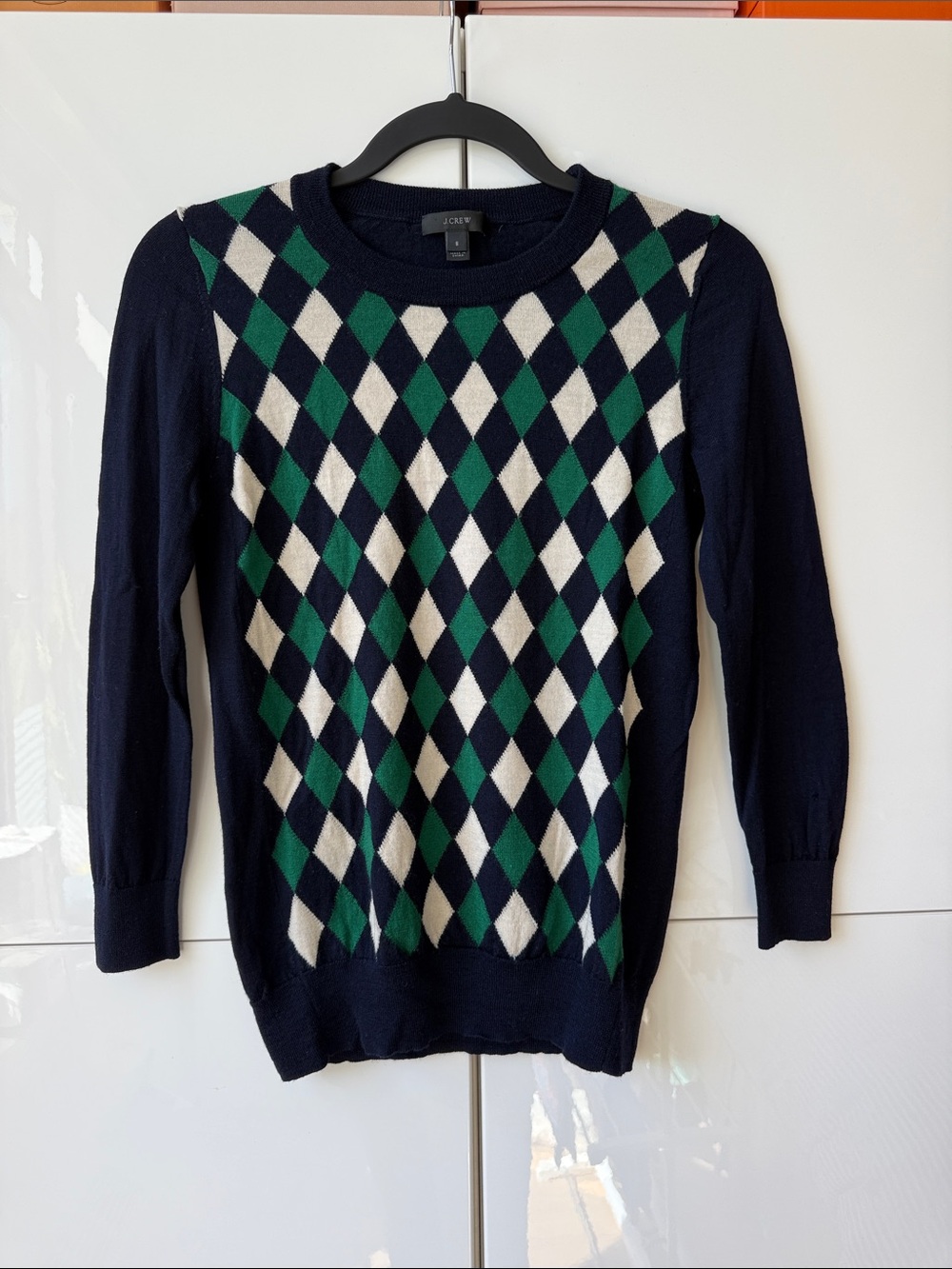 J. Crew Navy Argyle Crewneck Wool Sweater w